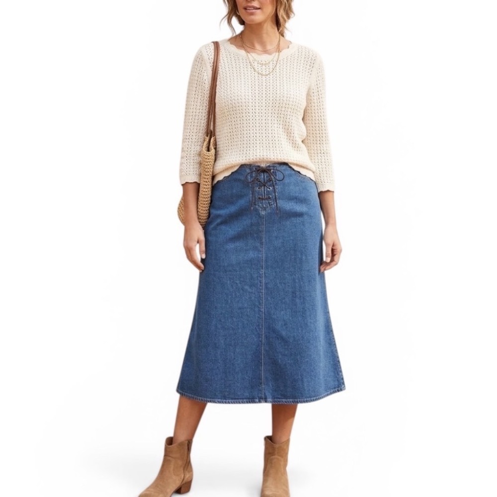 Emma James Denim Maxi Skirt Blue Lace Up Front Western Boho‎ Petite 12P NWT